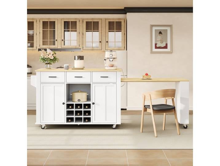 ROVRYN Îlot central de cuisine mobile plan de travail extensible 3 tiroirs bois naturel blanc
