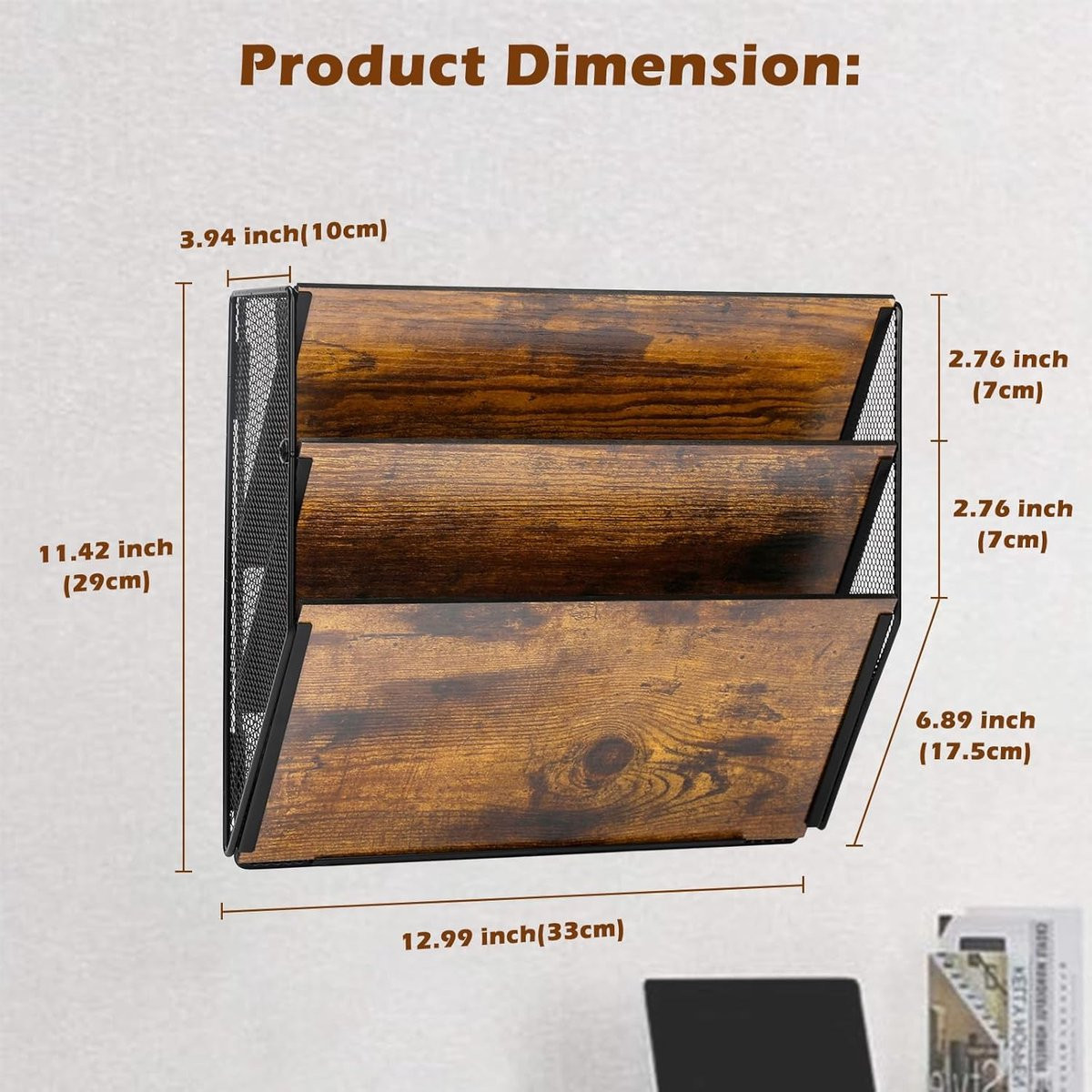 Muur Opknoping File Organizer 3 Tier Houten Tijdschrift Rack A4 Papier Houder Wandmontage Document Opslag Organizer, Zwart/Antiek