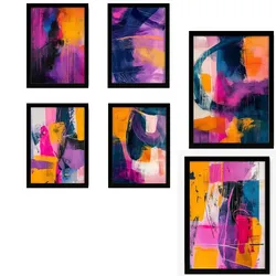 POSTER Set Mit 6 Forme Astratte Di Colore Blu Fucsia Puro A3 & A4 Schwarzer Rahmen