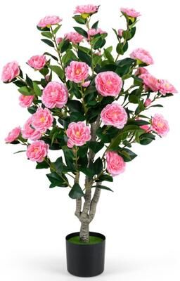 "Costway 39.5"" Artificial Camellia Tree with Orange Blossoms in Cement Pot for Home Decoration-Pink"