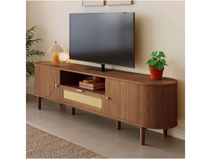 Meuble TV Noyer MDF Meuble TV Design Courbé FloraGrace Pour Salon Avec Rangement Ouvert 175x36x51cm