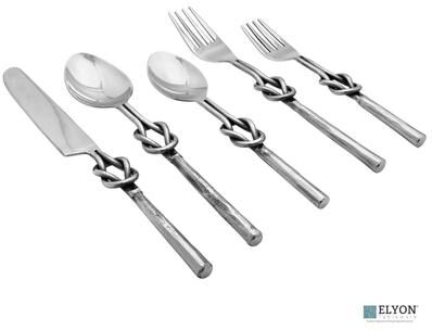 Elyon Tableware Elyon Reef Knot Reflective Silver 20 Piece Flatware Set Indian Artisan-Made Set Hand-Forged Stainless Steel Service for 4