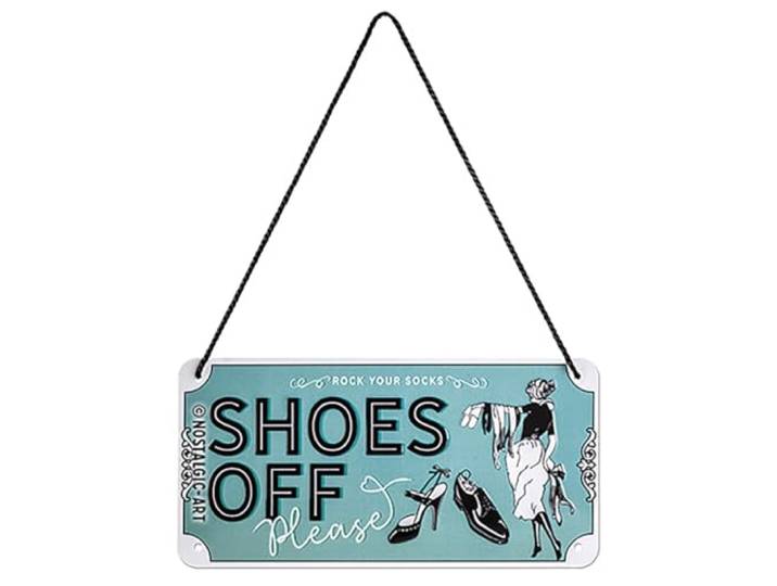 Nostalgic-Art Retro Ophangbord, Achtung – Shoes Off – Geschenkidee voor nostalgiefans, van metaal, Vintage ontwerp voor decoratie, 10 x 20 cm