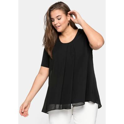 Blusenshirt SHEEGO "Blusenshirt", Damen, Gr. 50, schwarz, 95% Viskose, 5% Elasthan, Chiffon:100% Polyester, unifarben, Rundhals, Shirts Blusenshirt