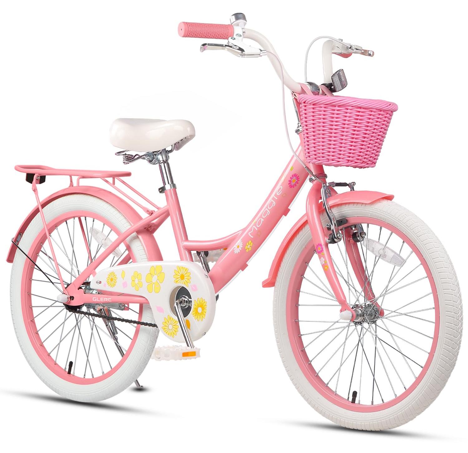 Kinderfahrrad 20 Zoll, Mädchen, Rosa-Weiß, mit Korb & Gepäckträger