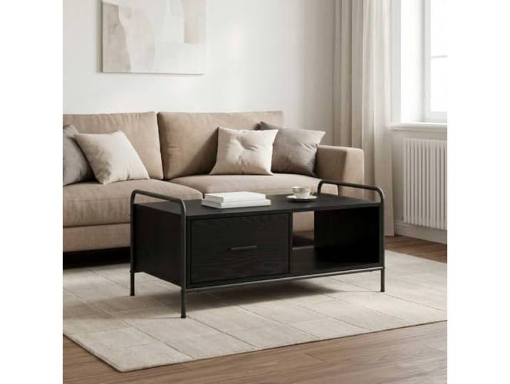 KUTYWEXFM Couchtisch Schwarz Eichen-Optik 90x49x41cm Holzwerkstoff Rechteckiger Wohnzimmertisch mit 1 Schublade und verzinktem Stahlrahmen. Maximale Belastbarkeit bis 75 kg.