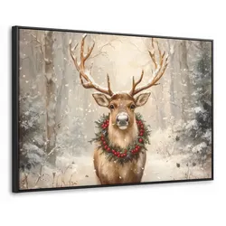 LEINWAND Bilder mit Rahmen - Weihnachten - Rentier - Winter - Kranz - 90x60