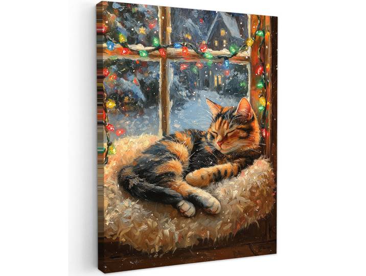 MuchoWow Leinwandbild - Katze - Weihnachten - Winter - Tier - 60x80 - Gemälde, Bernsteinfarben, Textil, Kiefer, Abstrakt, Rechteckig, 60x80 cm, gerahmt, Bilder & Rahmen, Bilder, Wandbilder