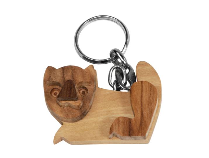 Schlüsselanhänger Katze, aus Olivenholz, braun, 5 x 5 cm