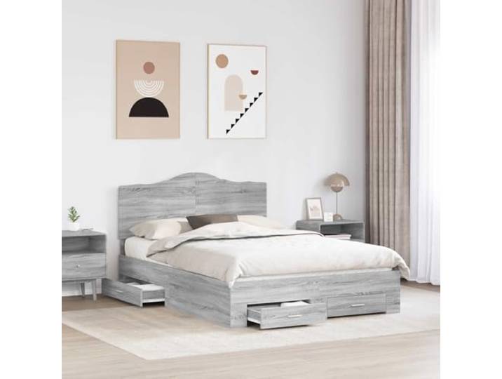 SKTQYQO Bettgestell mit Kopfteil, Sonoma-Grau, 140 x 200 cm Technisches Holz, mit Schubladen, Höhe 32 cm, einfach zu montieren
