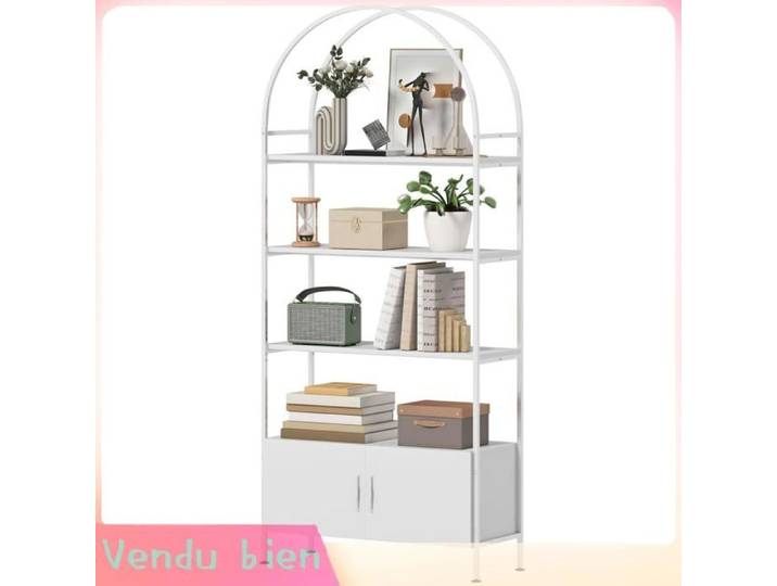 LIA Étagère rangement bibliothèque arquée 4 niveaux double porte 80x30x187cm blanc