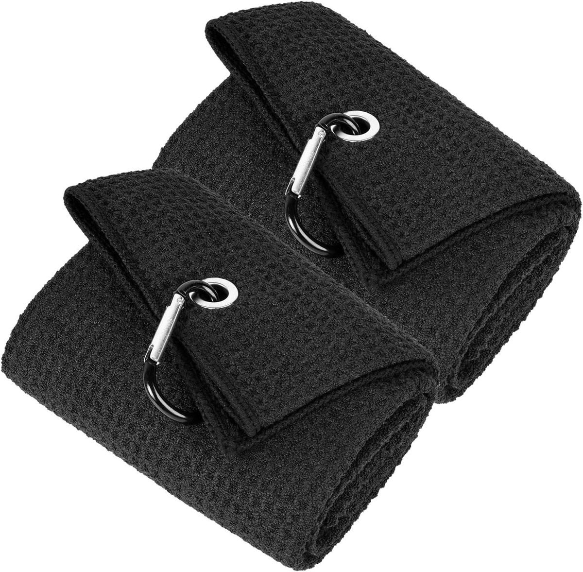 Set van 2 zwarte microvezel golfhanddoeken met carabiner clip, 30 x 50 cm