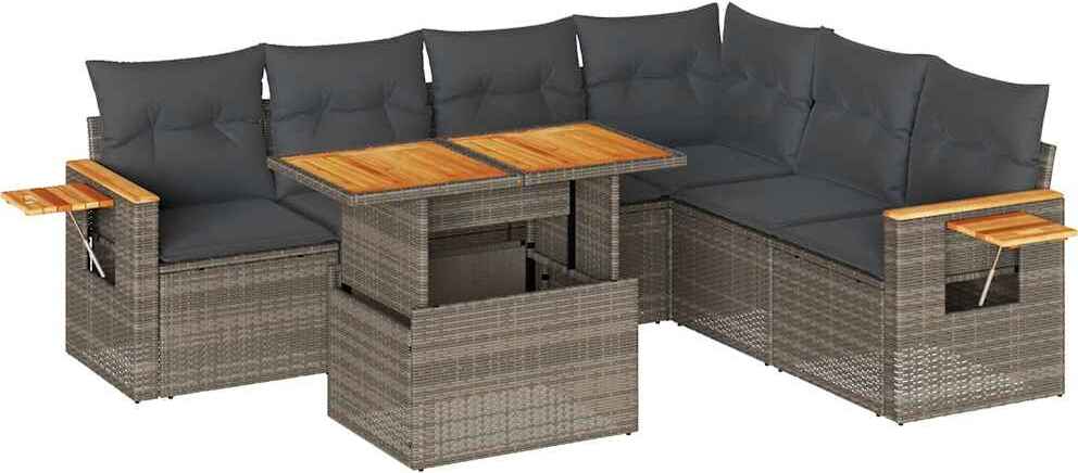 Modulares Garten-Sofa-Set 7-teilig, Poly Rattan Grau, Akazienholz, mit Stauraum, wasserfesten Beuteln & Kissen, UV-beständig