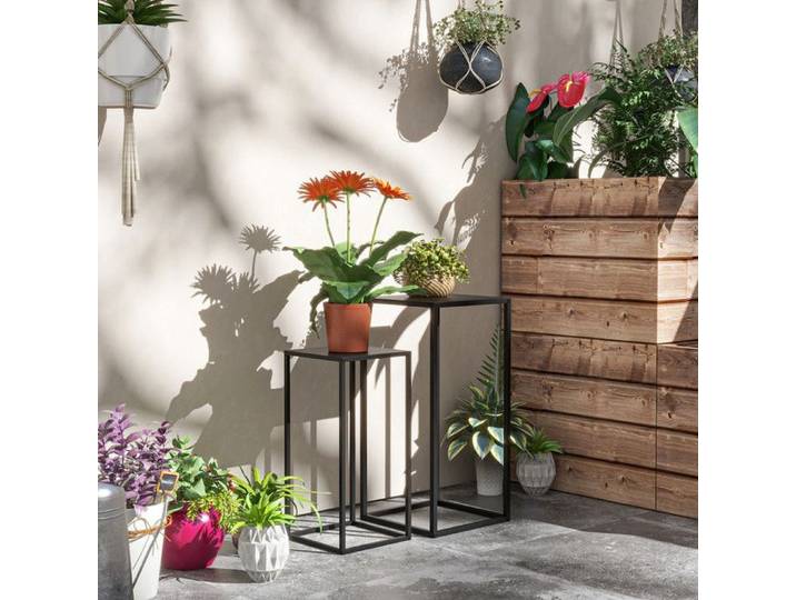 Ensemble de 2 supports pour plantes tabourets pour plantes avec pieds en acier design scandinave supports à fleurs noir