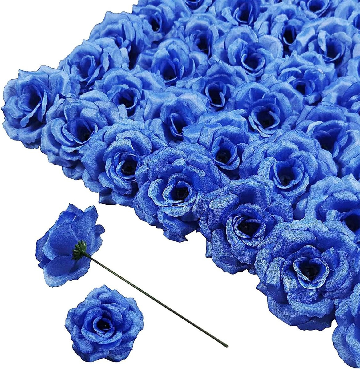 50 stuks Kunstmatige zijden rozenhoofden voor bloemstukken - Blauw