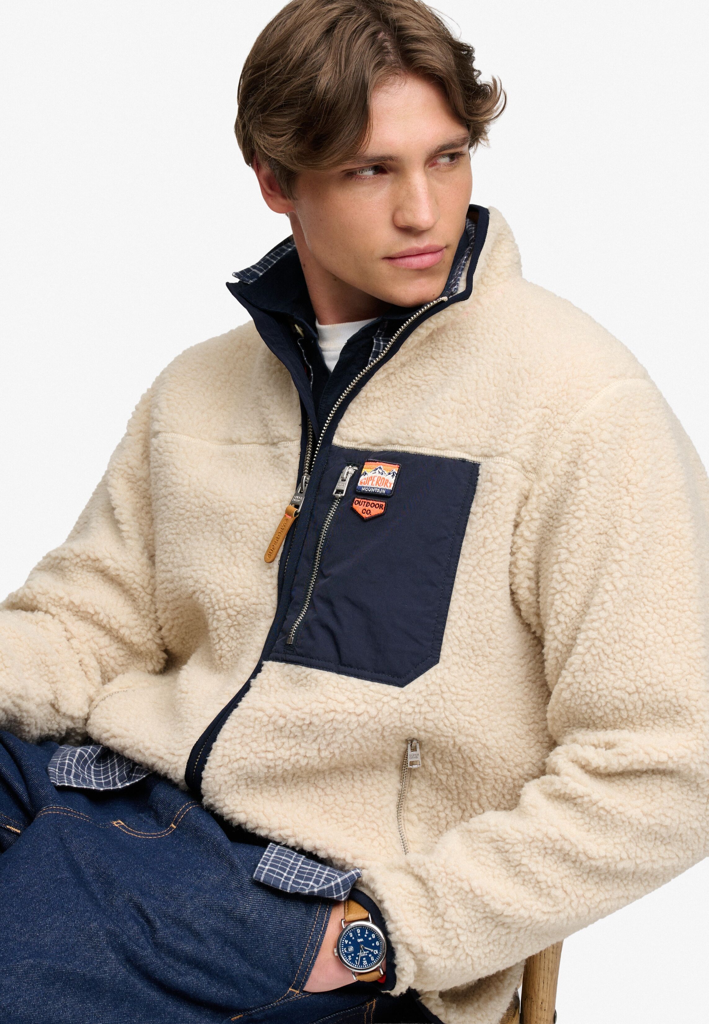 Sweatjacke SUPERDRY "VINTAGE RETRO FULL ZIP FLEECE", Herren, Gr. S, oatmeal, olive, Fleece, Obermaterial: 100% Polyester, unifarben mit Farbeinsatz, relaxed fit normal, ohne Ausschnitt, Rippbündchen, Sweatjacken Sweatjacke, Kunstfaser, relaxed fit oatmeal