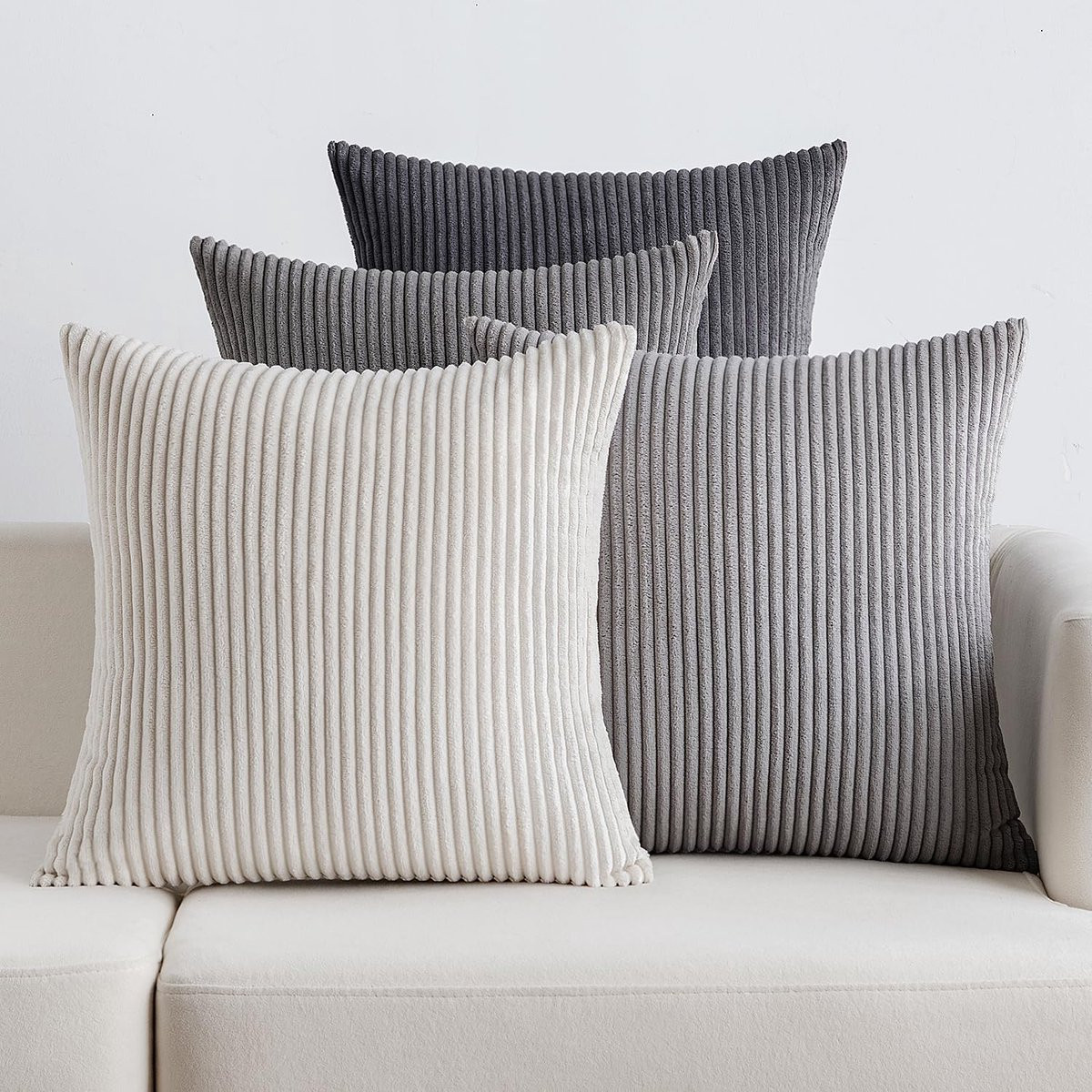 Set van 4 donkergrijze ribfluwelen kussenslopen voor sierkussens, 45 x 45 cm
