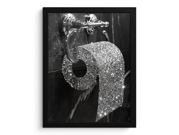 MuchoWow Poster MIT Rahmengerahmtes Bild - WC - Toilettenpapier - Schwarz und weiß - Glitter - 30x40 cm, Silberfarben, Papier, Rechteckig, 30x40 cm, gerahmt, Bilder & Rahmen, Bilder