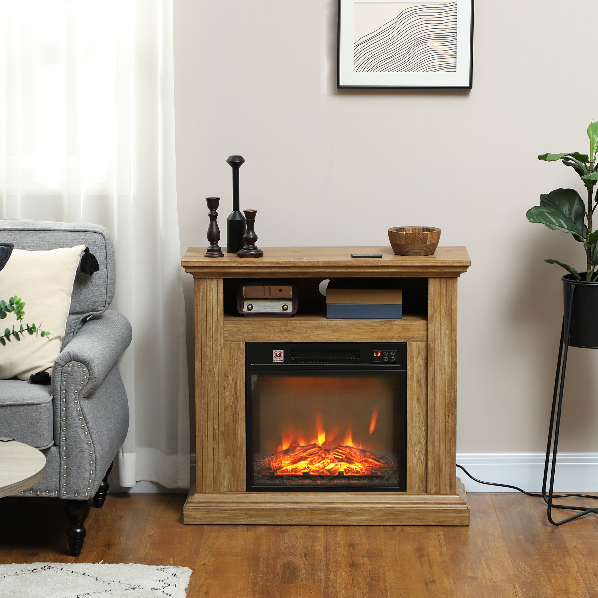 Homcom Caminetto Elettrico 1800W con Fiamma 3D, Timer e Telecomando, in Legno, Metallo e Vetro, 81.5x30x76.2 cm, Marrone