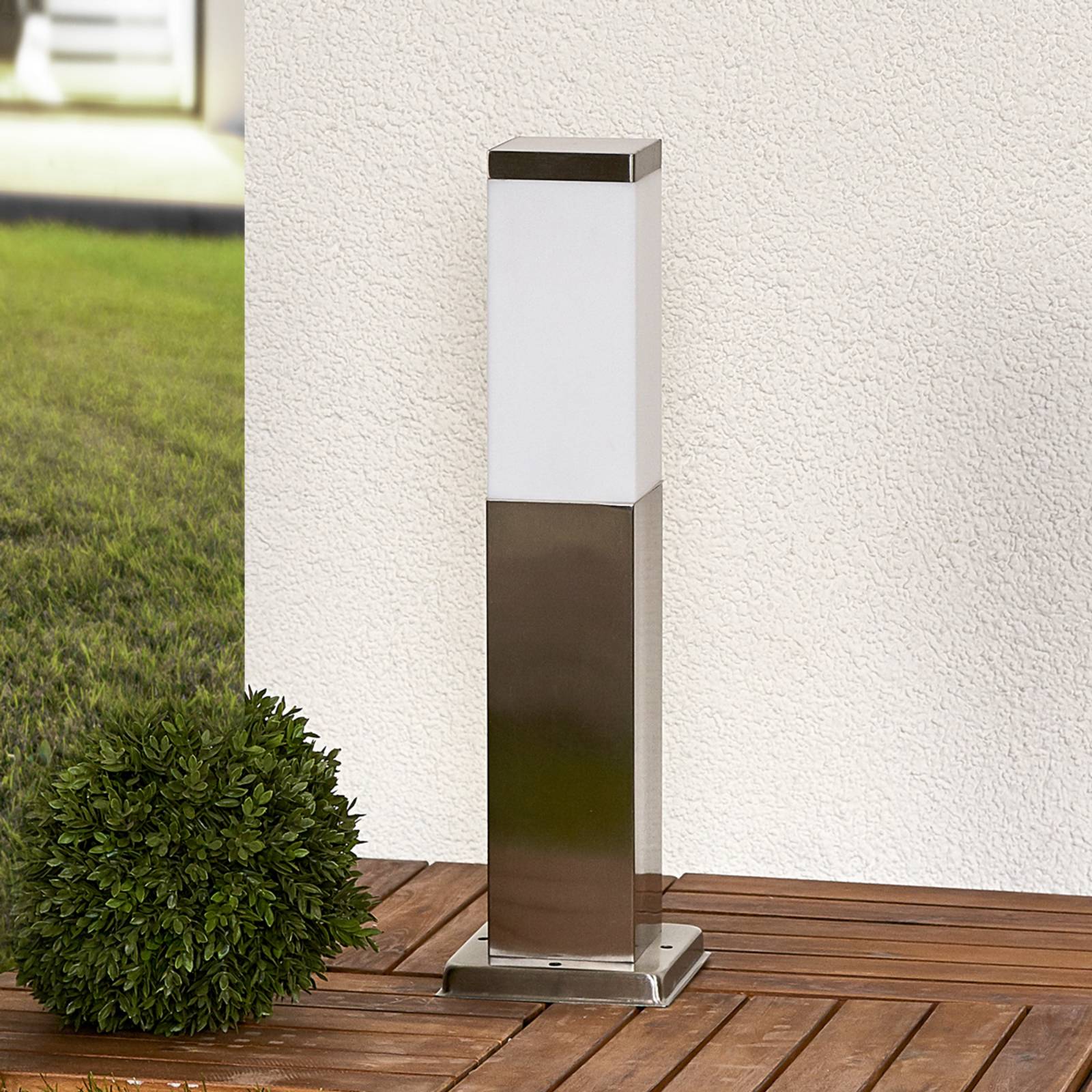 Lindby Lorian pillar light, 45 cm, stainless steel, IP44, E27 Lindby, dimmable, Alu / grey / zinc, Stainless steel, Modern, Outdoor lights
