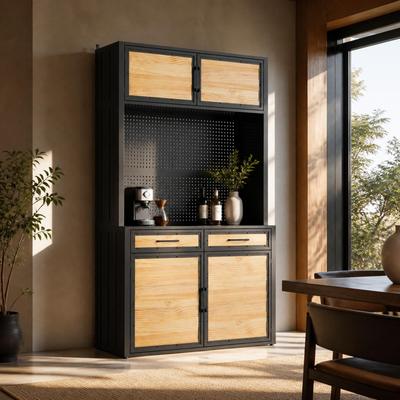 FUFU&GAGA "141.6"" Modular Garage Storage Cabinet System with Pegboard, Drawers & ShelvesSolid Pine Wood Doors and Metal Frame"