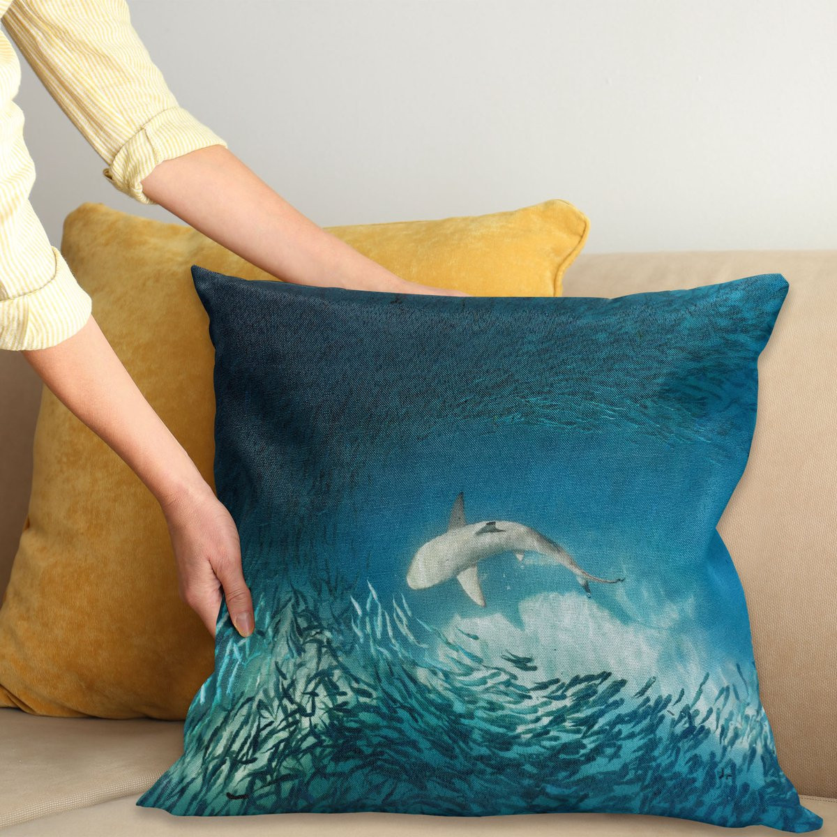 ABAKUHAUS Vis Kussenhoes met Dubbelzijdig Patroon en Ritssluiting, Wilde Dieren, Teal Beige, 60 x 60 cm