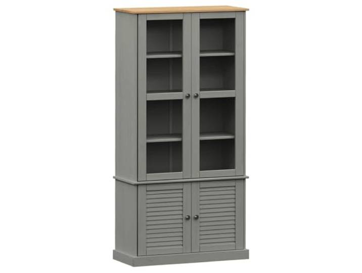 KDVXBCQJH Vitrine VIGO Grau 85x35x170cm Massivholz Kiefer Glasschrank Stilvoller Schrank für Wohnzimmer und Esszimmer mit Glastüren, Einlegeböden und Kippschutz für sichere Aufbewahrung.