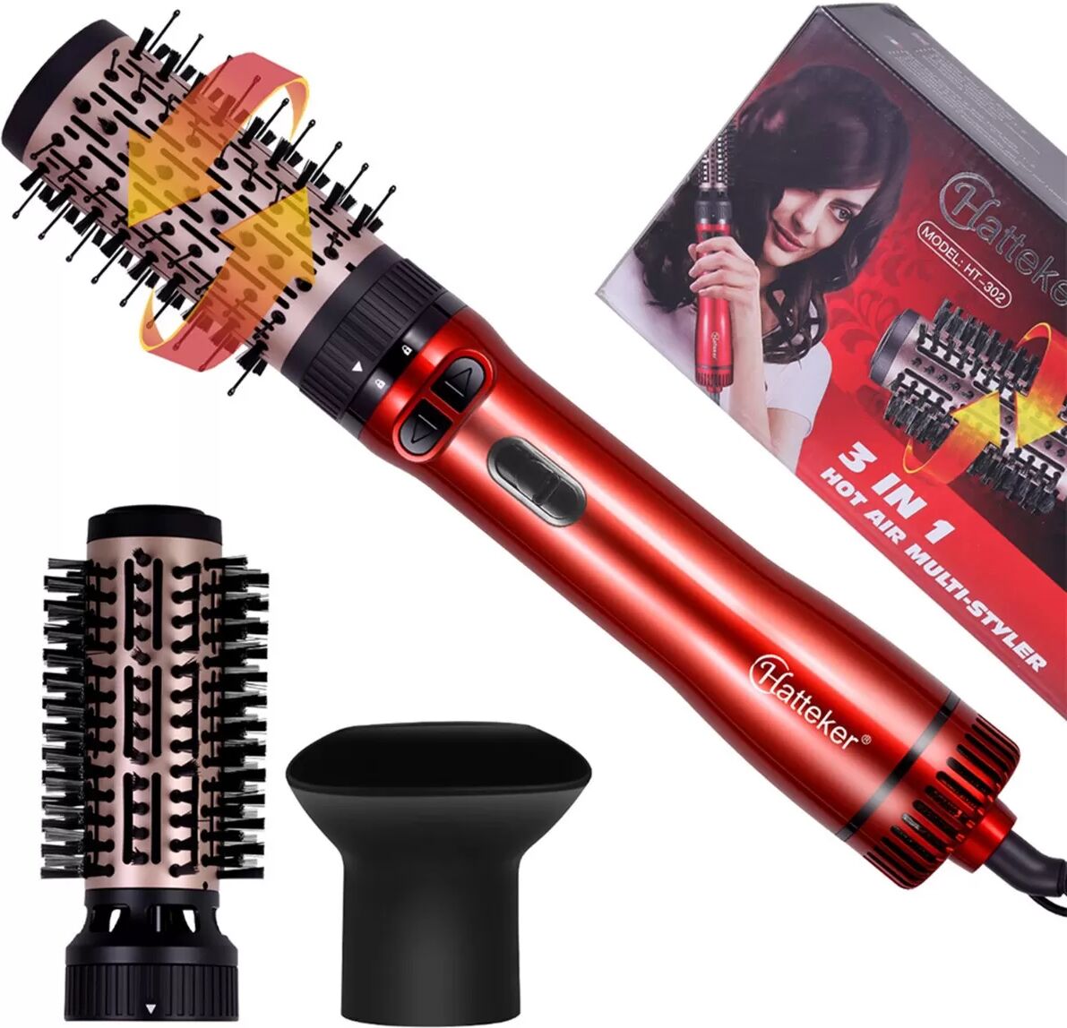 INF Sèche-cheveux Brosse 3-en-1 : Lisseur, Volumateur et Brosse Coiffante Rouge