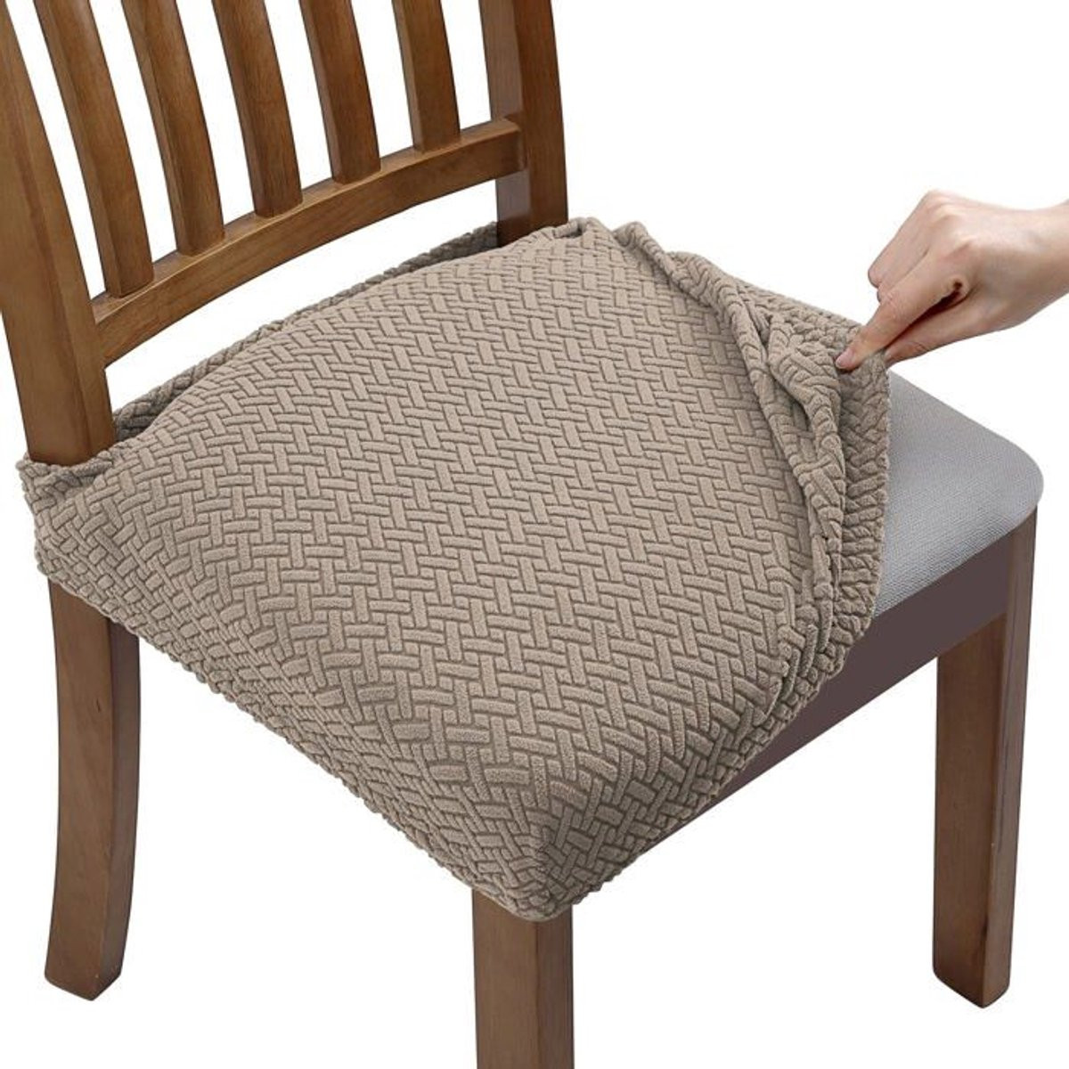 4-delige set elastische jacquard stoelhoezen voor eetkamerstoelen, khaki