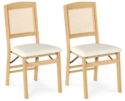 Costway Folding Dining Chairs Set of 2 Rubber Wood Chairs with Linen Padded Seat-Natural