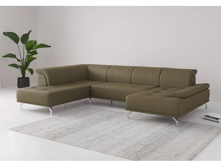Wohnlandschaft, 334x235 cm, Naturleder, Olive, Sitztiefenverstellung, Modern, Places Of Style
