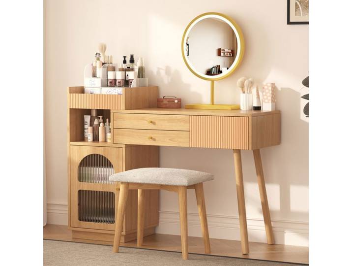 Coiffeuse avec Miroir à LED Eclairage Tricolore Table de Maquillage à 3 Tiroirs Vanité Elegant en Bois 120x40x90cm