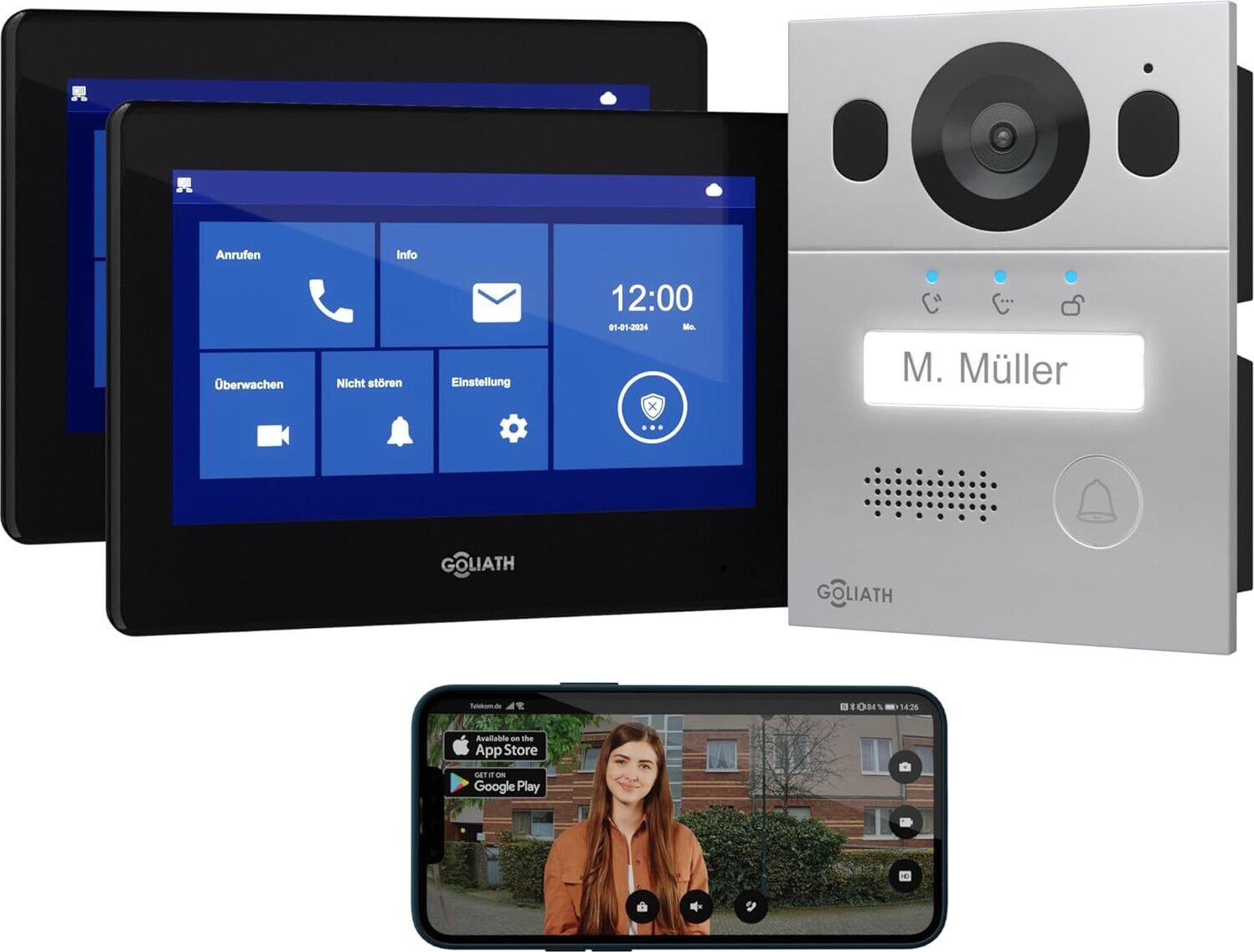 GOLIATH Basic Video Türsprechanlage, FullHD, App, 150° Blickwinkel, 1 Familie, Silber/Schwarz, Unterputzmontage, 2 Innenstationen, AV-BLS-08U