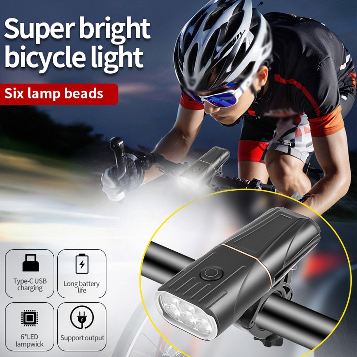 USB-oplaadbare LED fietslamp voor mountainbiken met grote batterijcapaciteit