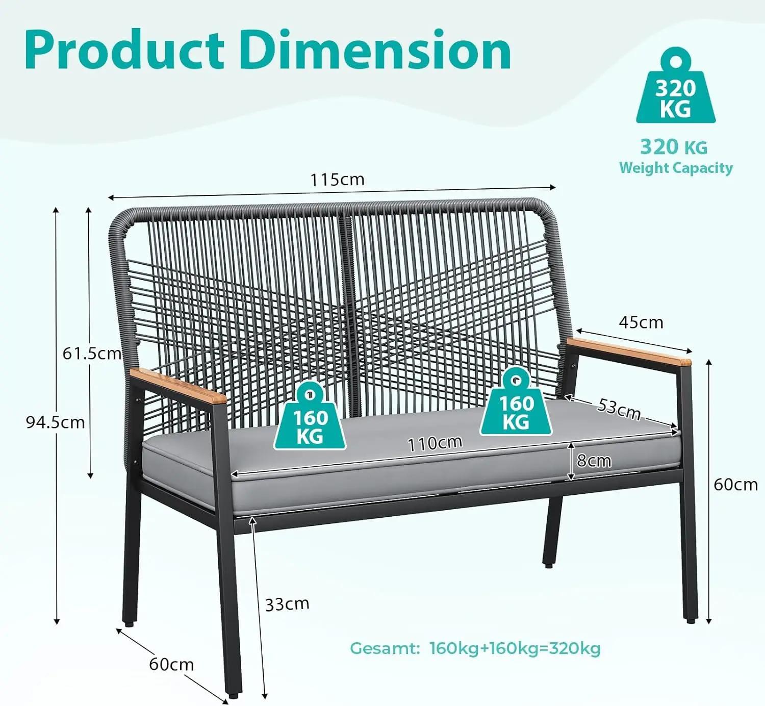 Rattan Gartenbank - 2-Sitzer Polyrattan Gartenbank - Outdoor Bank mit Metallgestell - 8 cm Sitzkissen - Moderner minimalistischer Stil - Schwarz Grau