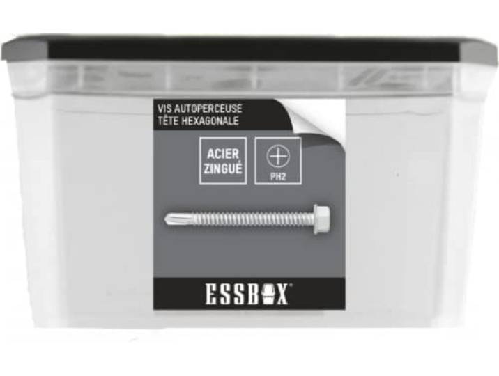 SCELL-IT\, Vis ESSBOX Autoperceuse\, zingué blanc\, Tête hexagonale\, Ø6\,3 mm x 38 mm\, Boite de 200\, EX-94704163038\, Plots hexagonaux\, Couvercles amovibles\, Boîtes empilable