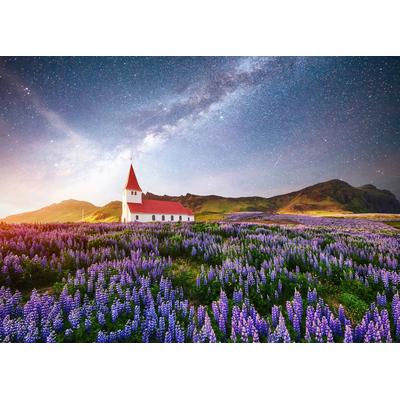 Fototapete PAPERMOON "BLUMEN-WIESE-FELD ISLAND KIRCHE STERNE HIMMEL BERGE", bunt, B:4m L:2,6m, Vlies, Tapeten