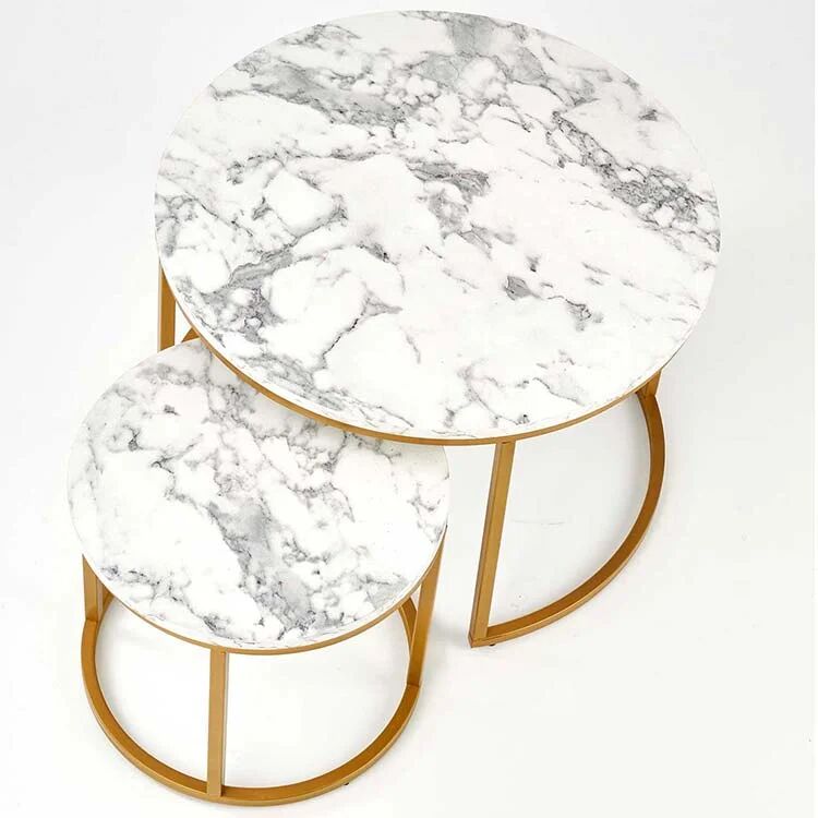 garneroarredamenti Set 2 tavolini rotondi da salotto effetto marmo bianco oro Lepi