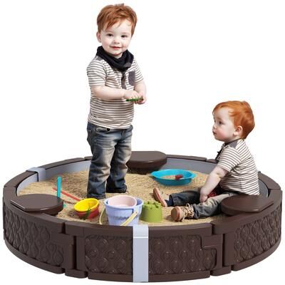 "Qaba Kids Sandbox with Cover, Round 47"" HDPE Large Sand Pit with 3 Seats, Waterproof Bottom Liner, Brown"