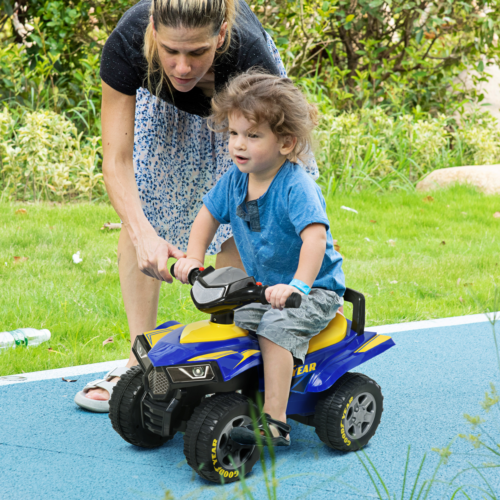 Homcom Quad per Bambini 1-1 anni con Vano contenitore,Luce Altoparlante,Mmusica licenza GOODYEAR in PP blu Aosom