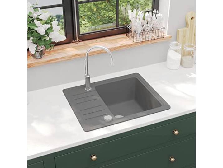 LPERTGFHU Granitspüle, 575x460mm Einbauspüle, Einzelbecken, Grau Reversibel einbaubar, Hitzebeständig bis 280 C, Inklusive Siebkörbchen