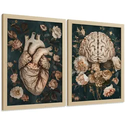 POSTER Set aus 2 Anatomie Mensch Drucke und mit Herz und Gehirn Elegante Florale Illustration Grüner Hintergrund Größe Leichter Holzrahmen A3