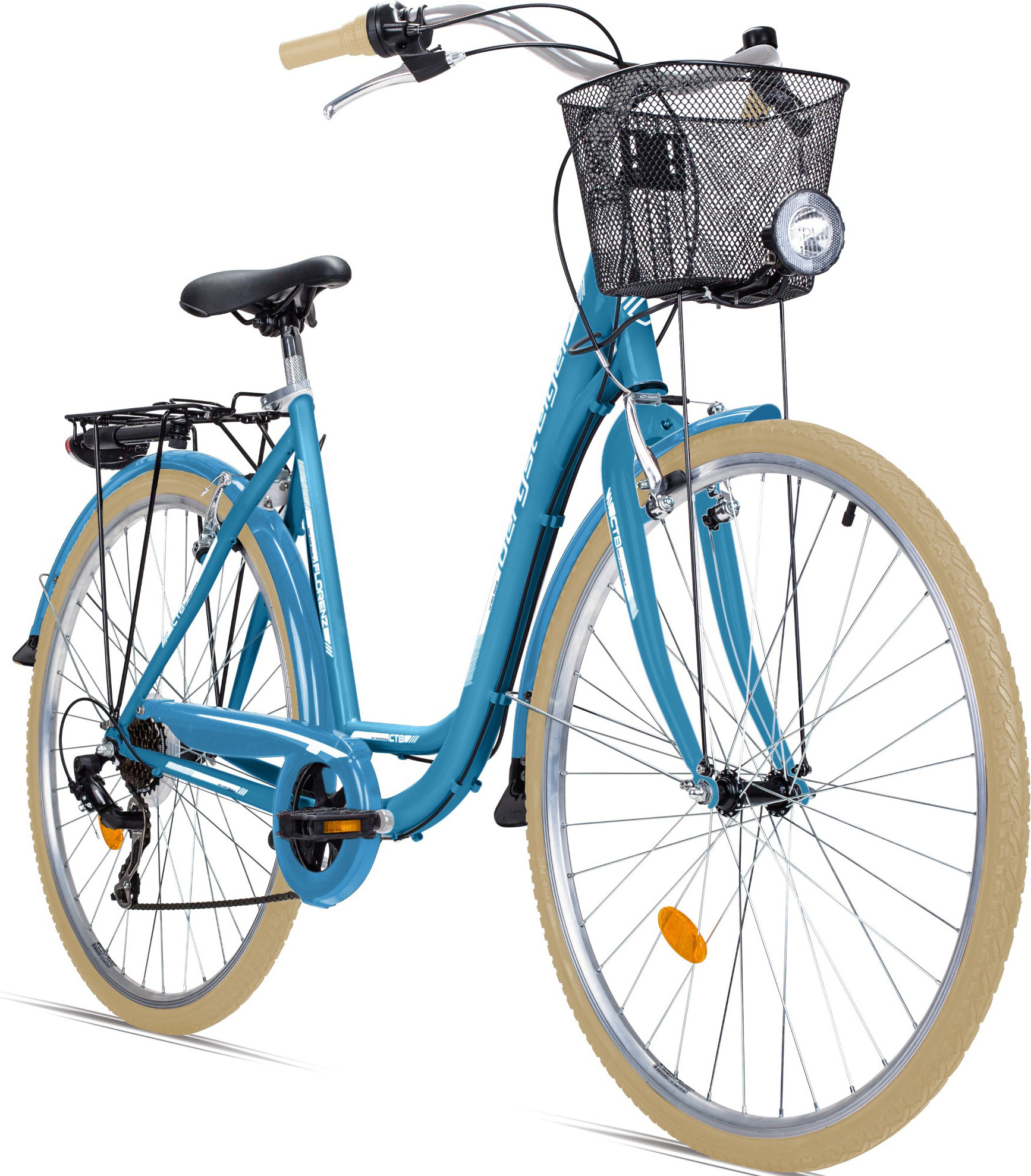 Bergsteiger Florenz 28 Zoll Damenfahrrad, ab 160 cm, Korb, Fahrrad-Licht, Shimano 7 Gang-Schaltung, Standlichtfunktion, Damen-Citybike, Damenrad im Retro-Design