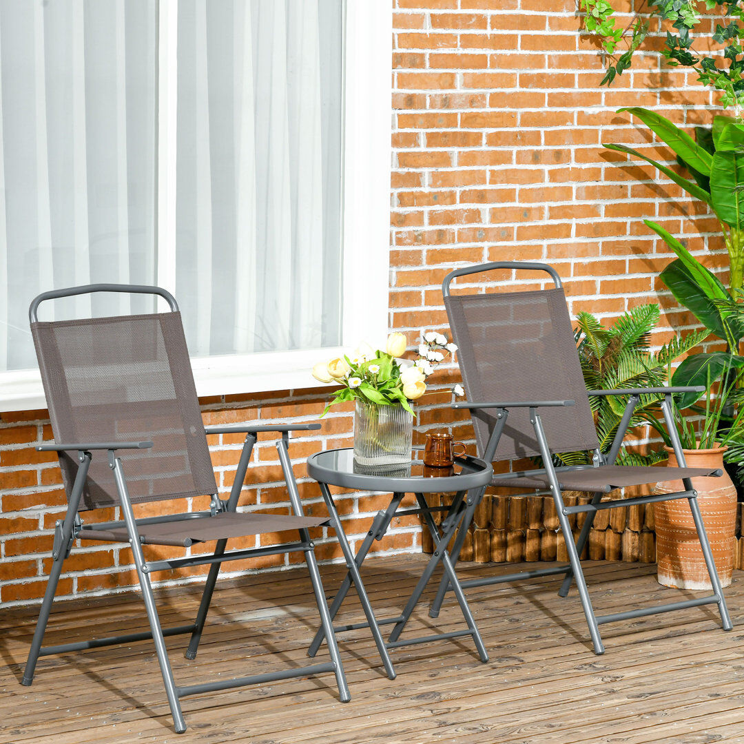 17 Stories Outsunny Garden Bistro Set 3pcs Foldable Table and Chairs Set Brown 2