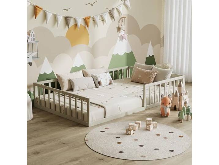 VitaliSpa Bodenbett Minno 120x200, Kinderbett aus Metall, Montessori Bett mit Rausfallschutz, niedrige Einstiegshöhe, Greige