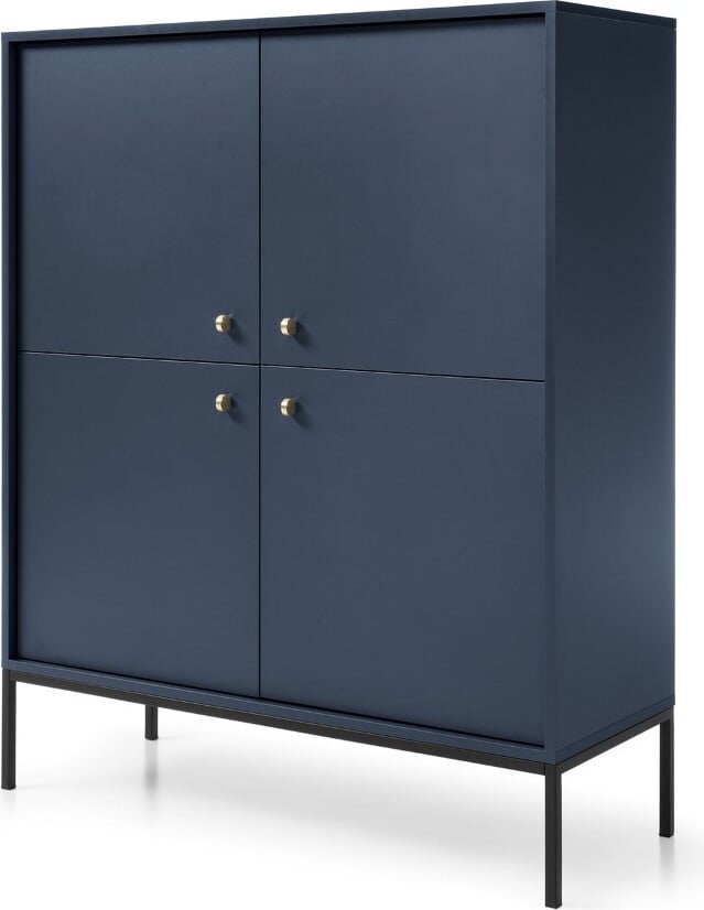 Minio Hoge Commode Minimal Donkerblauw met Vier Deuren en Gouden Handgrepen B: 125 cm, D: 39 cm, H: 104 cm
