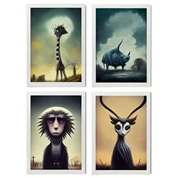 POSTER Set mit 4 Savanne Tier im T Burton Goth Stil A4 Weißer Rahmen