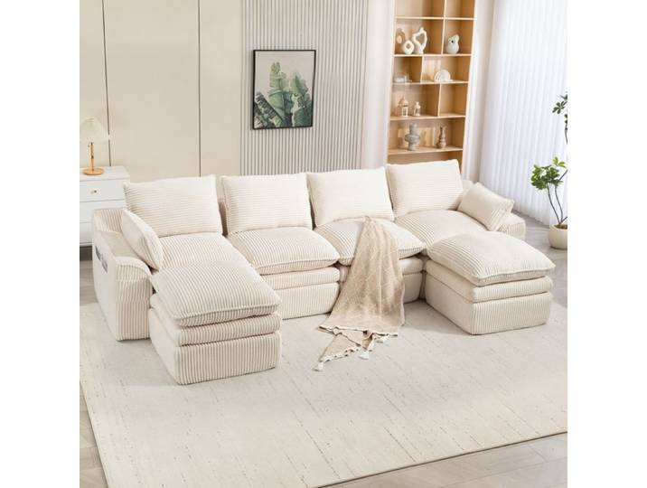canape modulaire 4 places SENVIRO velours cotele 335x167x85cm beige