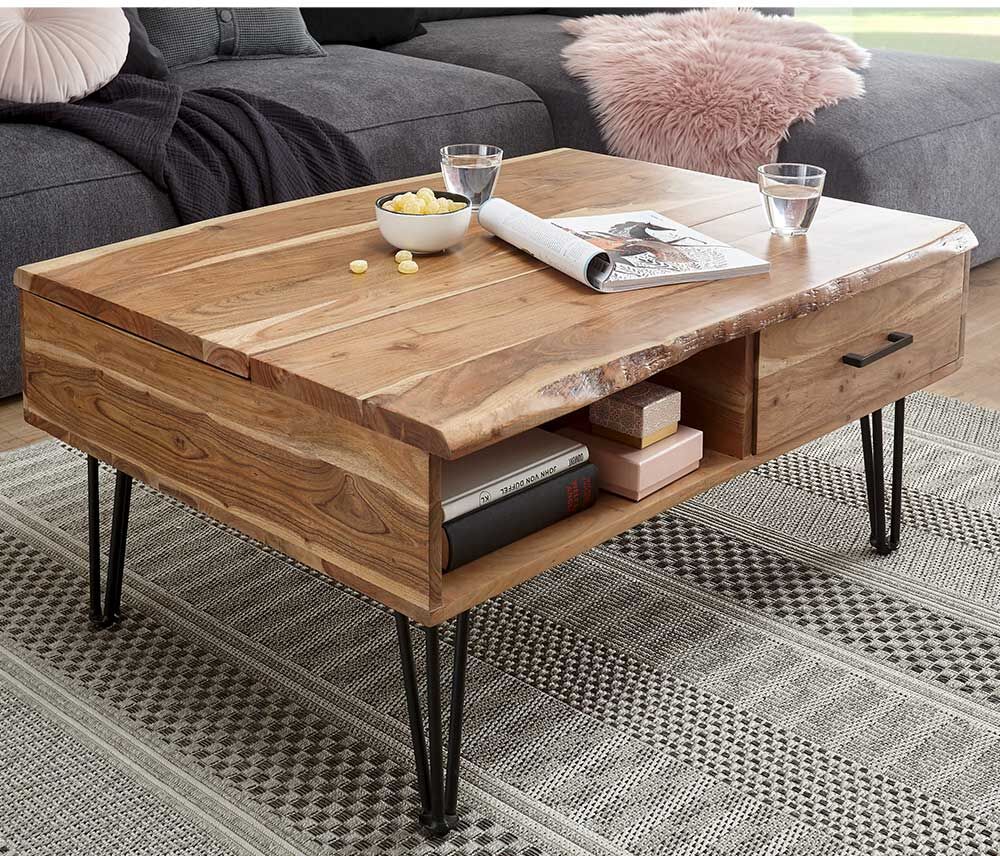 Pharao24.de Couchtisch Massivholztisch mit natürlicher Baumkante und einer Schublade