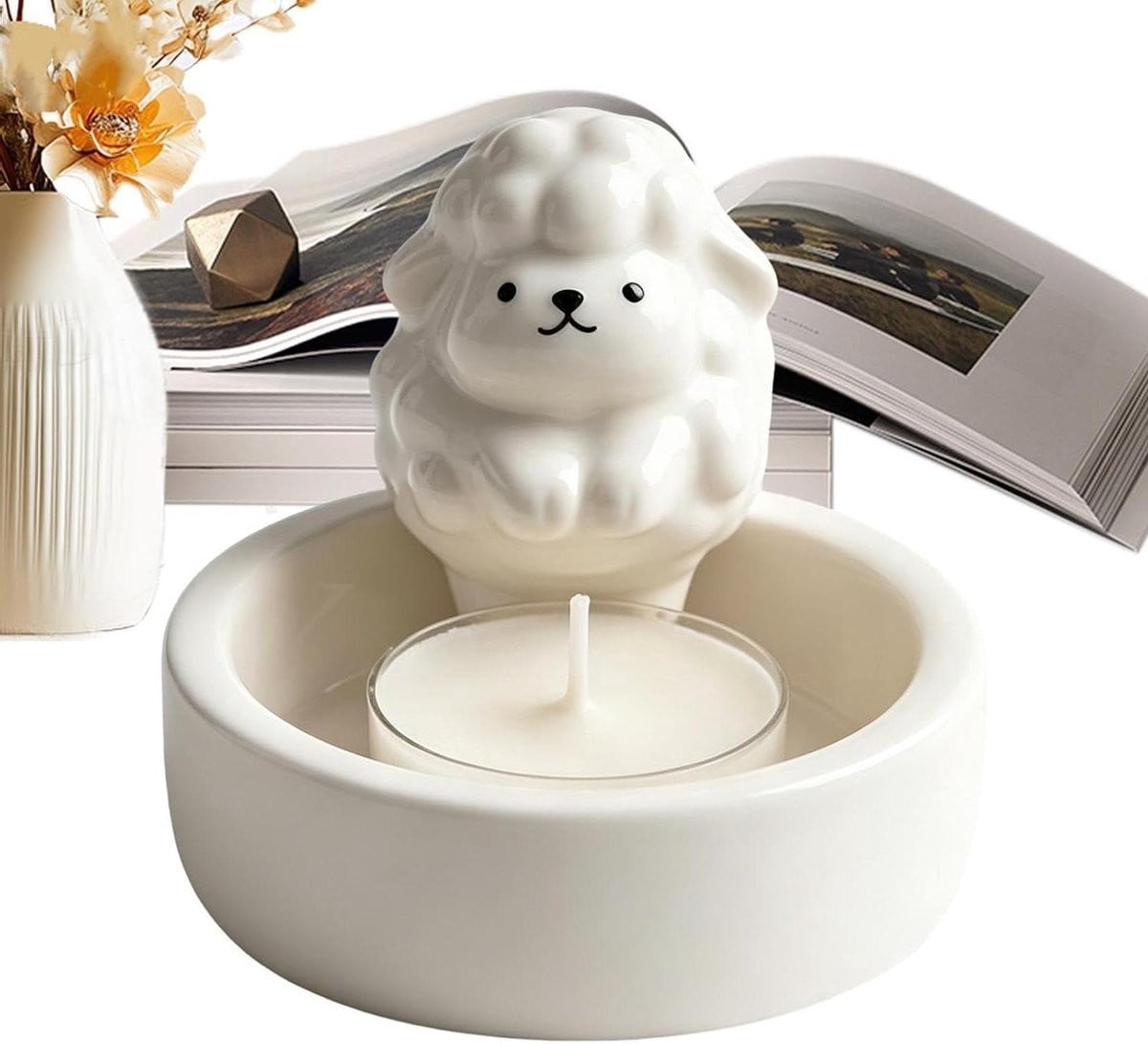 Wit Keramisch Decoratief Schaap Waxinelichthouder - 10 x 10 x 10 cm